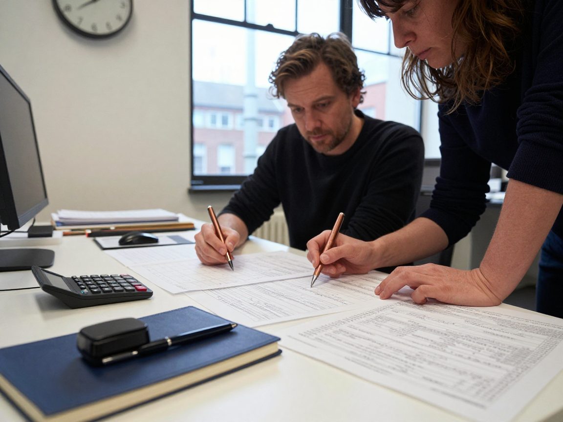 Artist and manager discuss budget and schedule at studio desk.