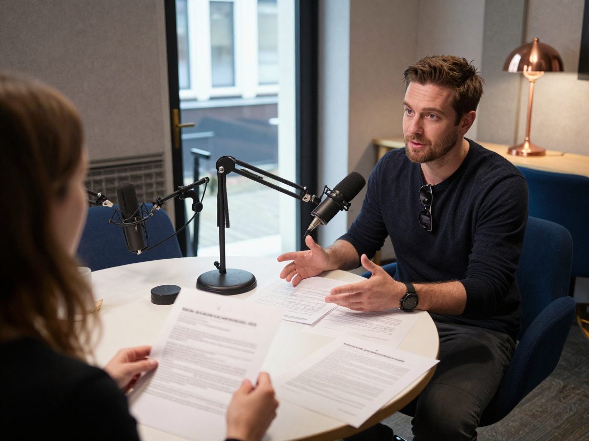 Podcast host discusses release with guest at table in studio lounge.
