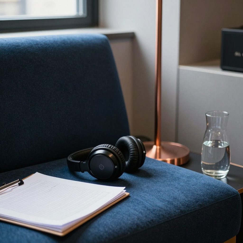 Koptelefoon op indigo bank in studio lounge met lamp en water.