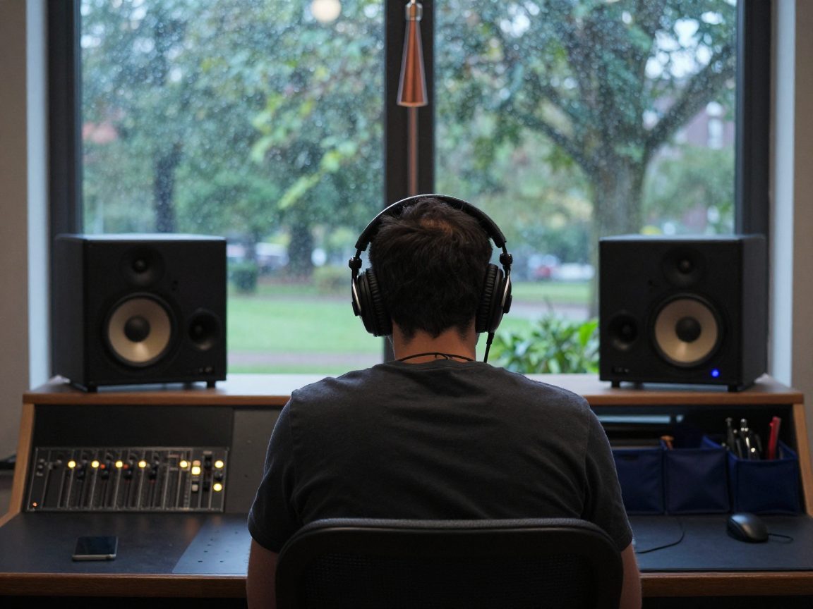 Mastering engineer luistert tussen speakers aan een opgeruimd bureau.