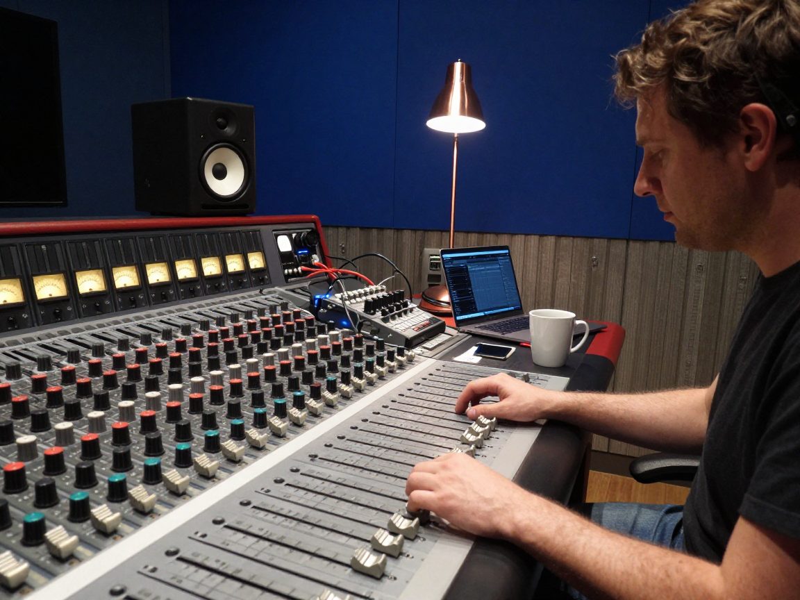 Mix engineer aan desk met monitors en lamp in indigo control room.