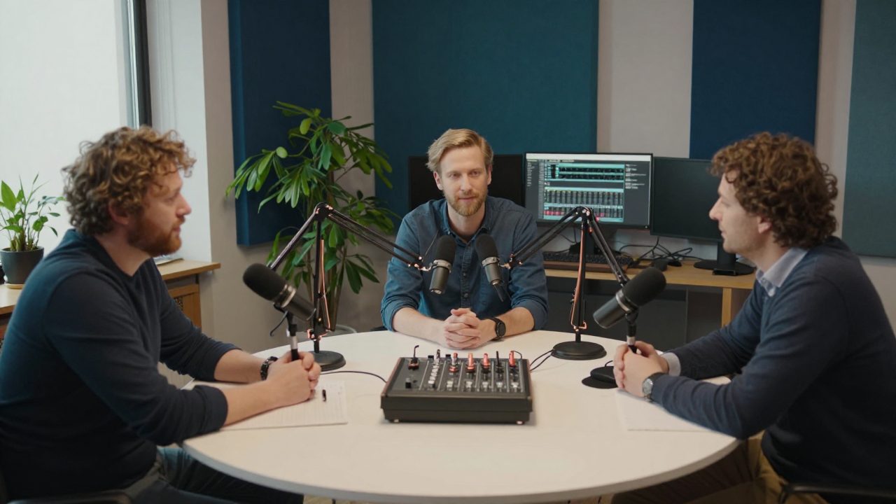 Drie podcasters aan ronde tafel met microfoons en engineer op achtergrond.