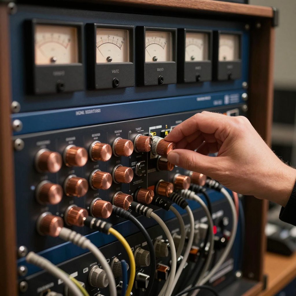 Hand draait aan preamp in rack met geordende kabels en meters.