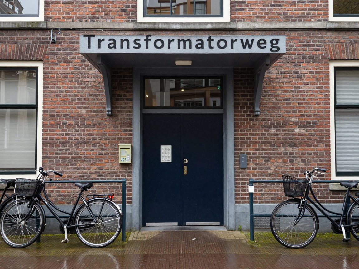 Industrial studio entrance with bicycles and wet pavement in Westerpark.