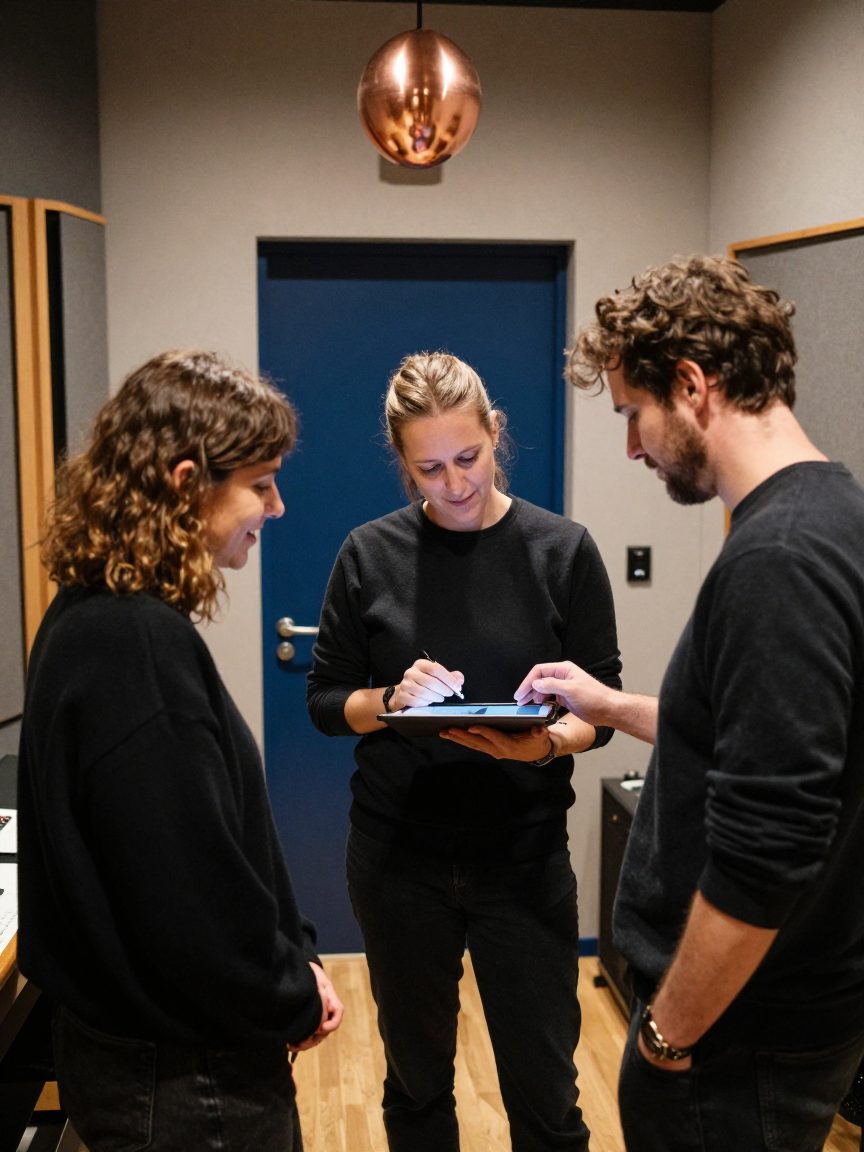 Drie teamleden bespreken planning op tablet in studio gang.