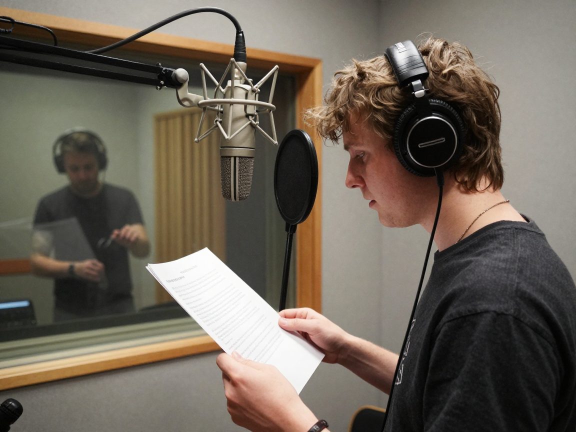 Artiest zingt in vocal booth met microfoon en engineer achter glas.