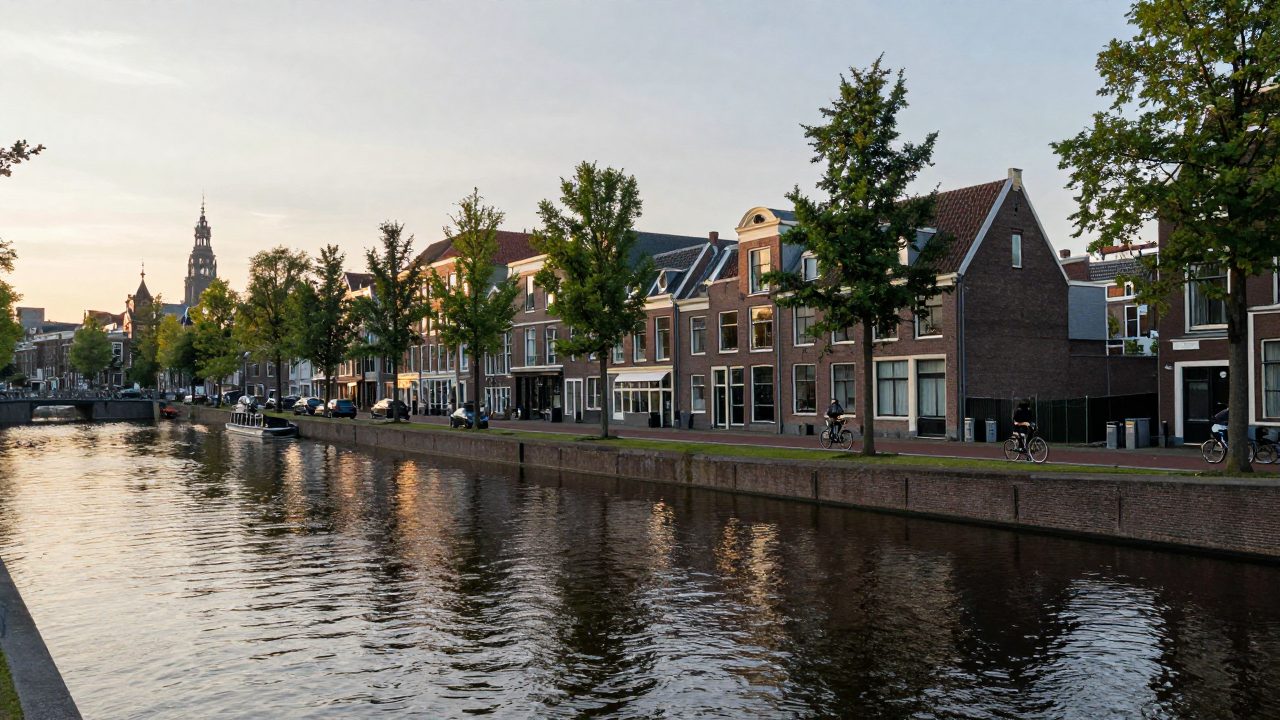 Westerpark with canal, trees and cyclists in warm evening light.